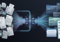 Jumbled document scans and rotated pages transforming through a local Windows OCR pipeline into organized numbered folders