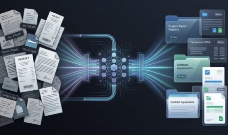 Jumbled document scans and rotated pages transforming through a local Windows OCR pipeline into organized numbered folders