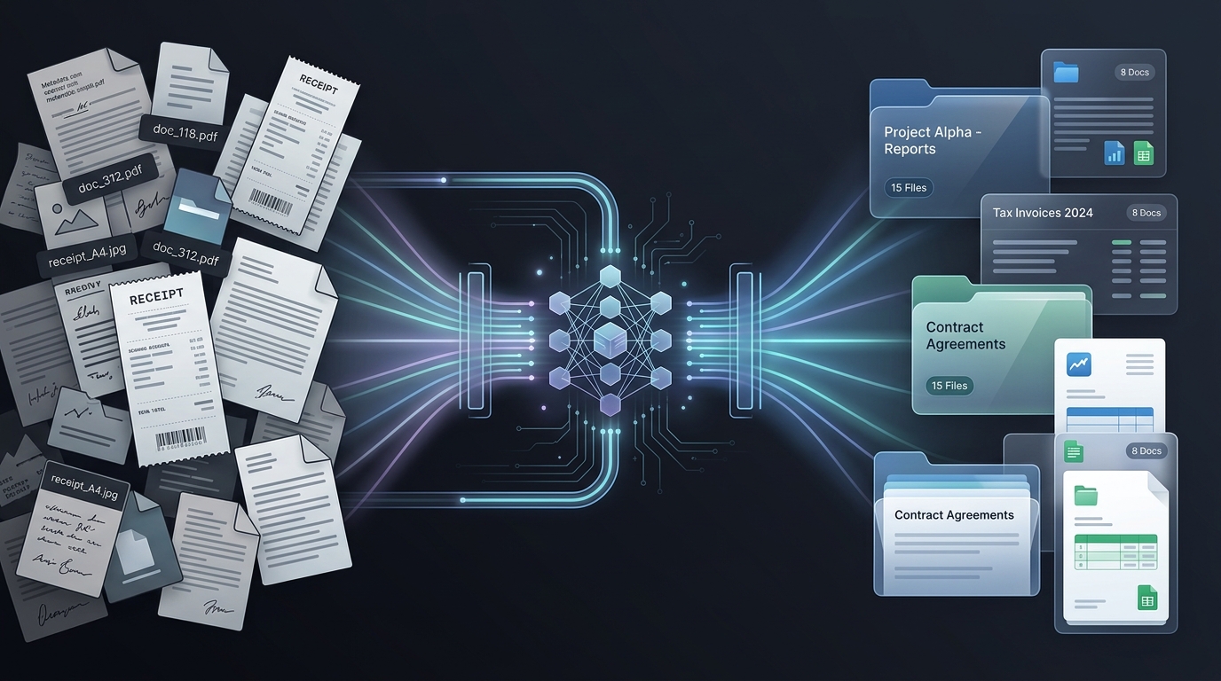 Jumbled document scans and rotated pages transforming through a local Windows OCR pipeline into organized numbered folders